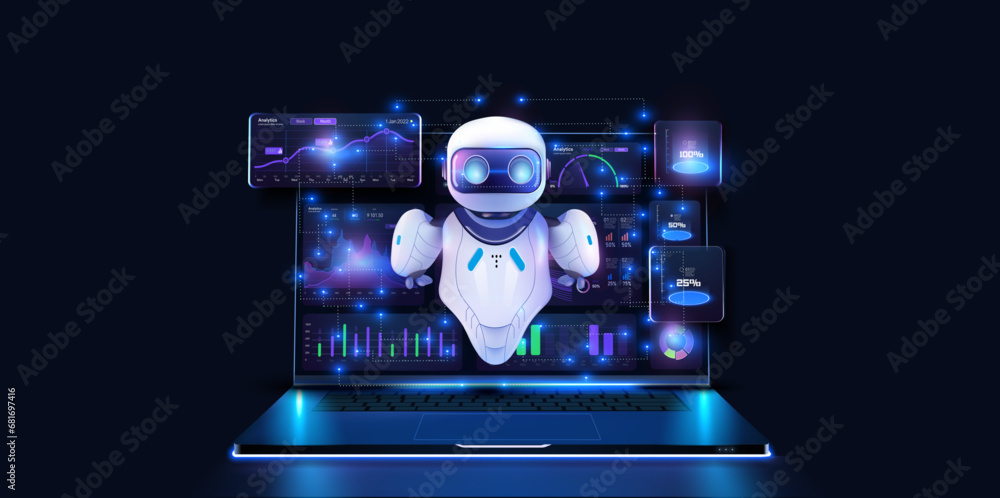 AI helps programmer creates software. Futuristic technology transformation. Data analytics and insights powered by big data and artificial intelligence technologies. Vector illustration