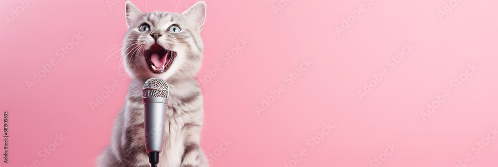 Happy cat singing into a microphone