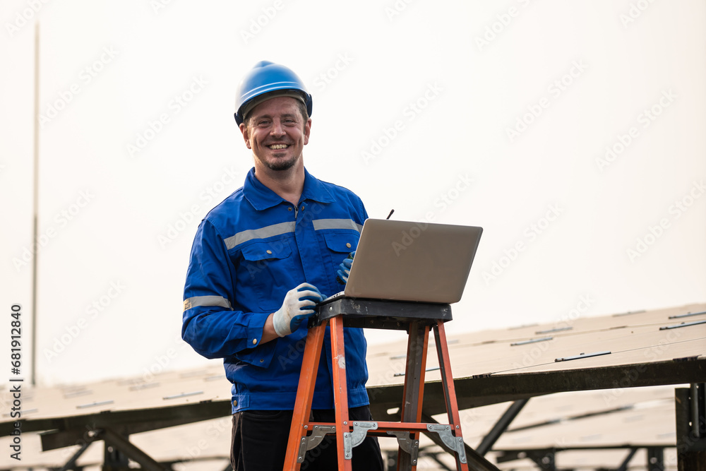 Portrait of engineer work to maintenance of photovoltaic panel system. 