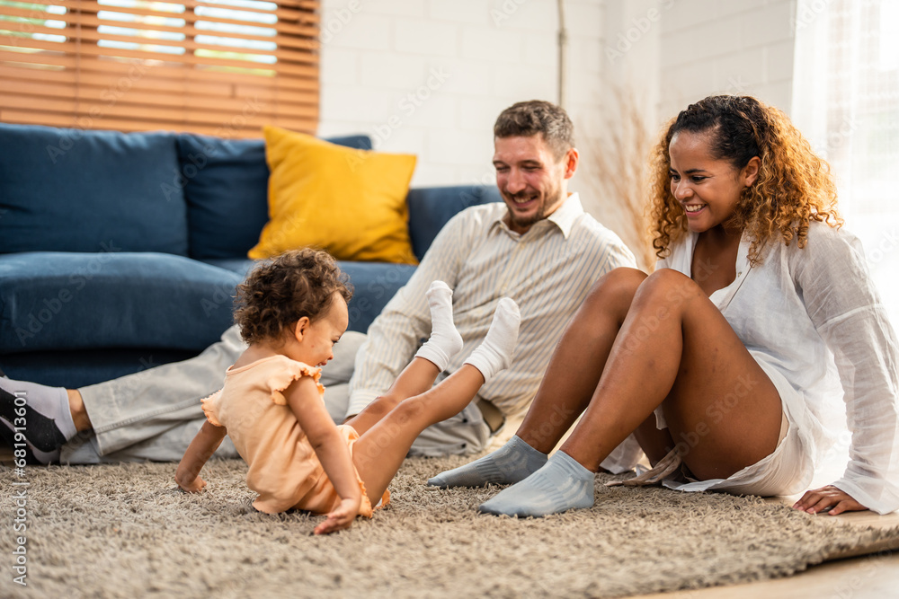 Caucasian family spending leisure free time together indoors in house. 