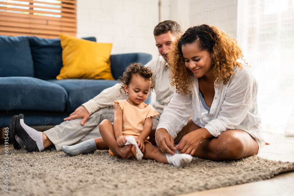 Caucasian family spending leisure free time together indoors in house. 