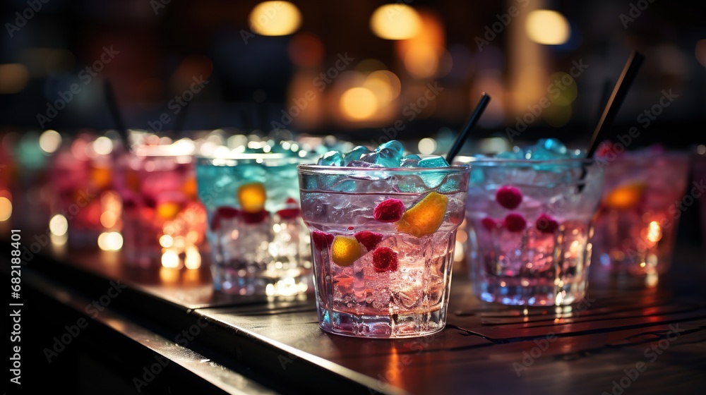 Close-up of group of stylish coloured cocktails with ice and lemon on the bar counter. Generative AI