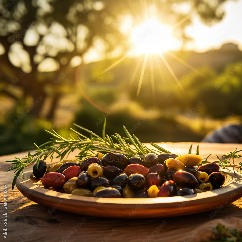 Closeup of organic ripe olives with herbs on a wooden plate in the garden at sunset. Generative AI