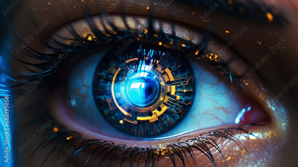 Female android robot eye close up. Digital iris of cyber woman. Bionic technology concept. Generative AI