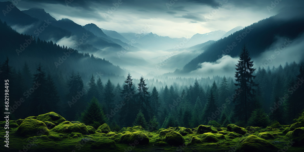 Misty mountain landscape with fir forest in vintage retro style. Generative AI