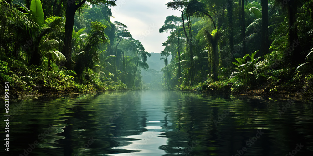 Tropical rainforest around river covered with mist. Generative AI