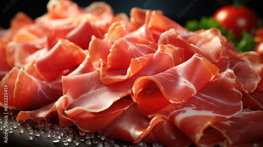 Close-up of sliced Iberico ham with herbs and tomatoes, top side view. Generative AI