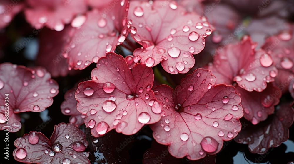 Close-up of fresh red leaves of Heuchera micrantha with water drops. Dark background. Generative AI