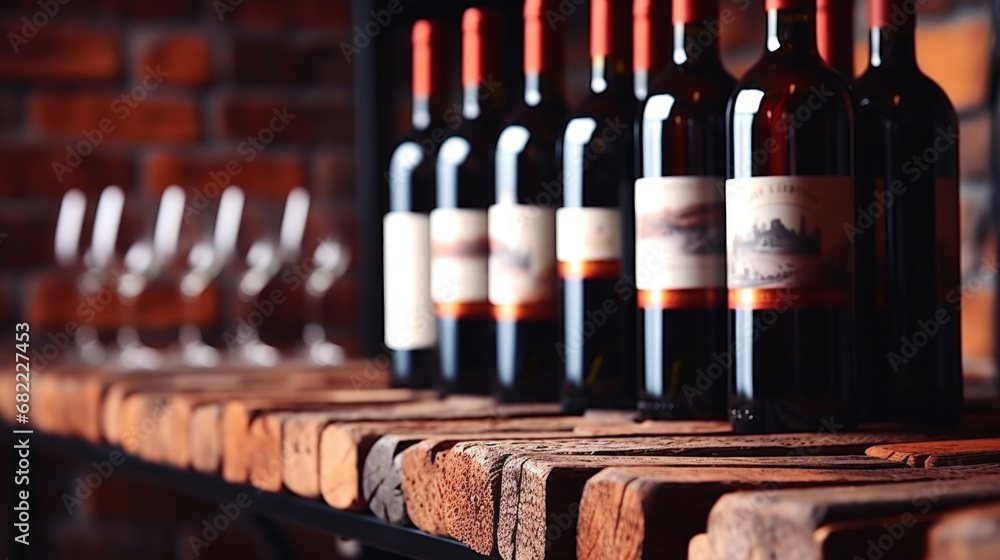 Variety of wine bottles on wooden shelves in an cellar. Vinery concept. Generative AI