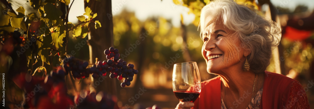 Senior smiling woman with a glass of wine, blurred backdrop of vineyard on a sunset. Generative AI