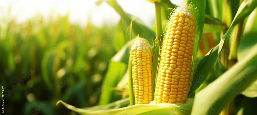 Close-up of ripe golden corn cobs in corn plantation field. Agriculture background. Generative AI