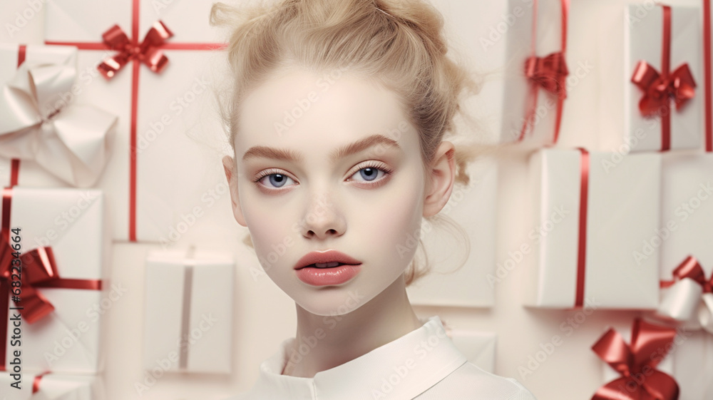 Young woman with many Christmas presents