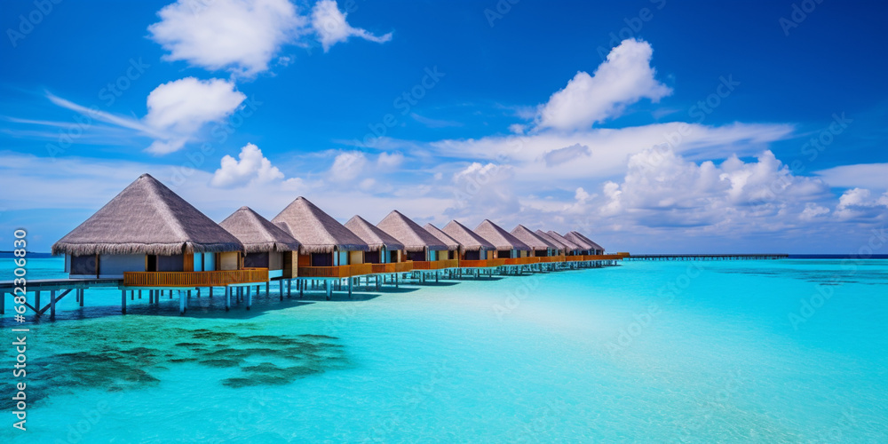 Tropical beach panorama view, Bungalows stay in Sea, coastline with palms, Caribbean sea in sunny day, summer time, Tropical seascape with Bungalows