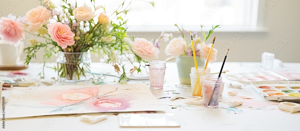 In her bright and airy workspace, a talented artist meticulously painted a delicate watercolor flower on a white paper, envisioning the perfect invitation design for an upcoming wedding. With love and