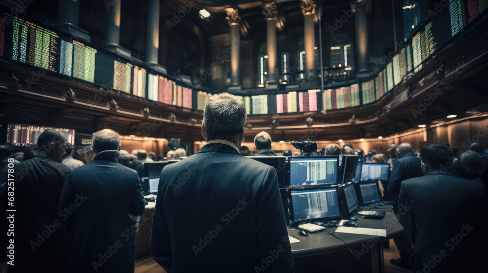 The trading hall of the stock exchange is crowded with traders and investors, paying attention to the dynamics of the stock market.