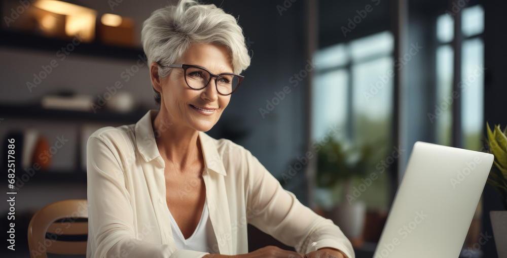 Mature woman learning online with laptop at a desk.