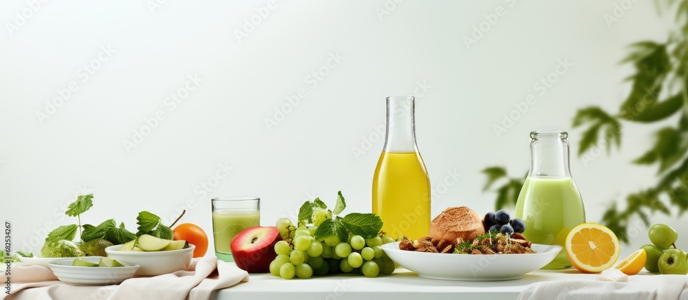 The white table was adorned with a vibrant display of health-boosting foods, including green apples, colorful vegetables, and a refreshing glass of natural mango juice, all showcasing the importance