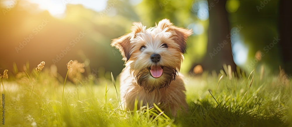 In the vibrant summer park, a young, beautiful puppy frolics through the lush grass, its cute green eyes reflecting a portrait of a happy, nature-loving animal, radiating pure joy and providing a