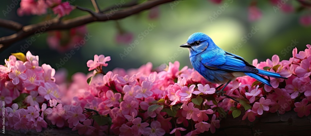 In the heart of the lush forest, a vibrant blue bird fluttered above a colorful garden filled with blooming flowers, showcasing natures beautiful palette of hues. The scent of summer rain permeated