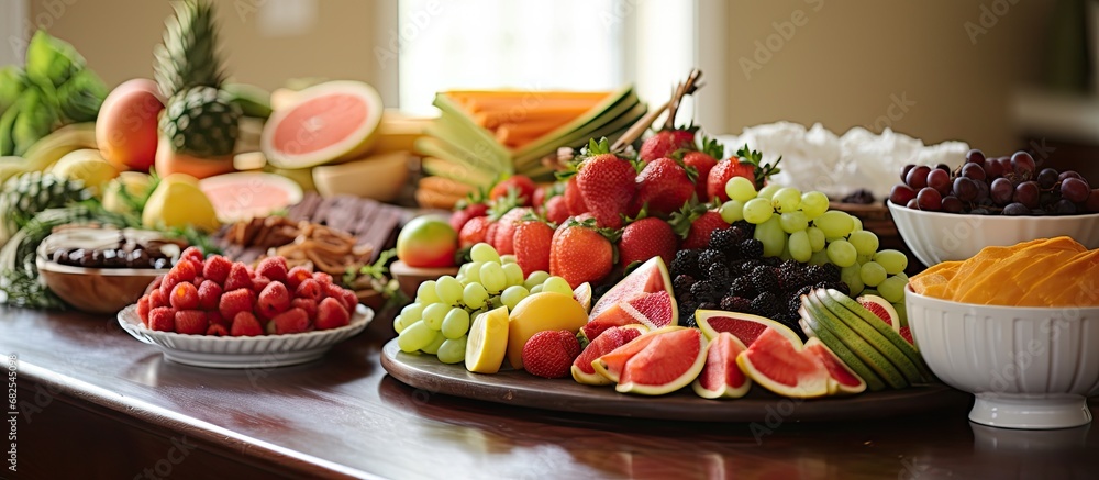 During the spring celebration, a table covered in a white cloth displayed a variety of healthy and colorful food options, including fresh fruits, a delicious cake with green frosting, and a glass