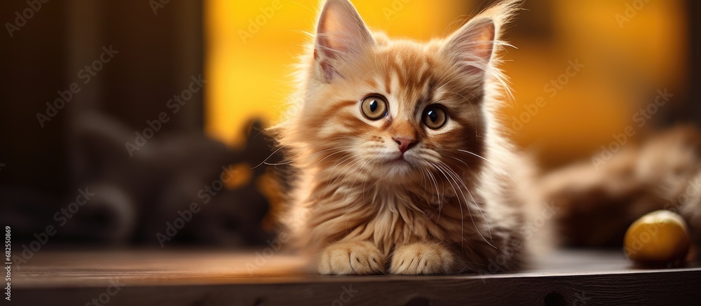 In the house, a cat perched on the wall, its amber eyes fixed on a portrait of a cute, young, and beautiful animal with yellow fur - a sweet Scottish cat, so adorable and attentively brooding.