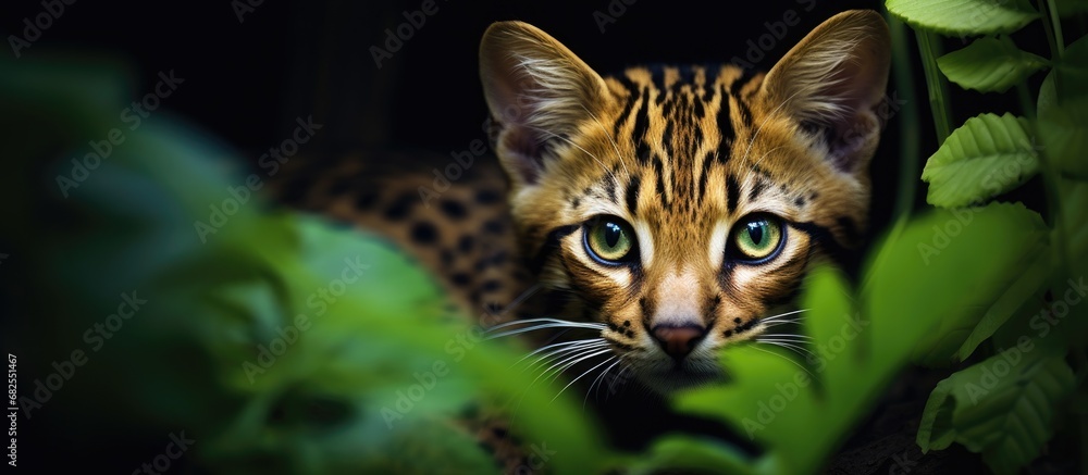 In the lush green forest during the vibrant spring and summer, an African cat emerges as a stunning portrait, its captivating eyes reflecting the beauty of nature and the youthful innocence of this