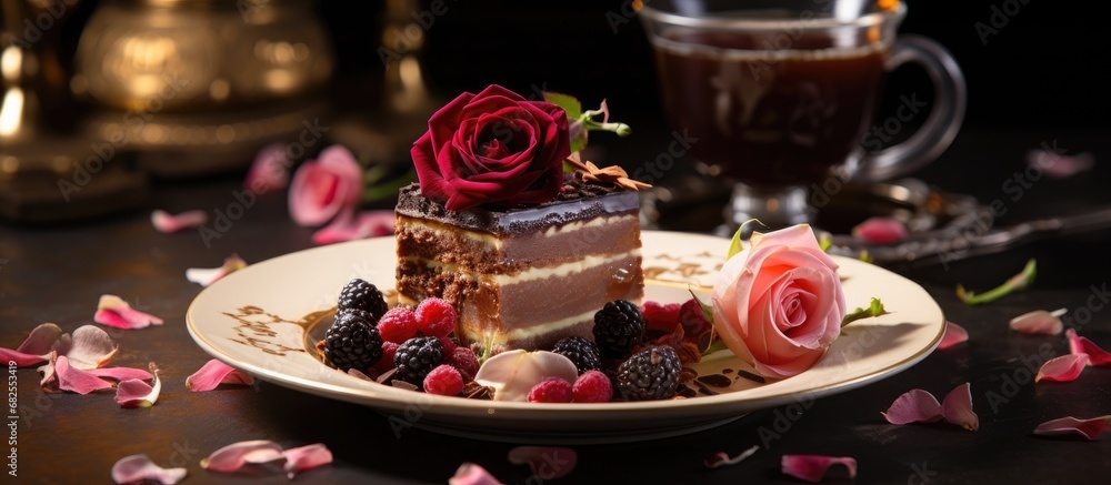 In the enchanting bakery nestled in the heart of nature, a beautifully arranged plate showcased a sumptuous breakfast spread: a golden cake adorned with a single red rose, a refreshing cup of tea