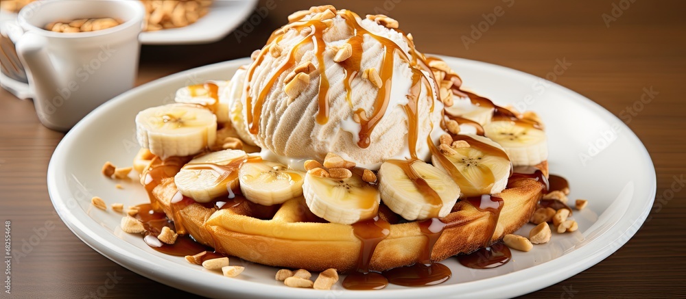 From the white plate, a closeup of a delicious dessert reveals a healthy option - honey toast topped with bananas and a dollop of ice cream, a sweet treat without overwhelming sugar.