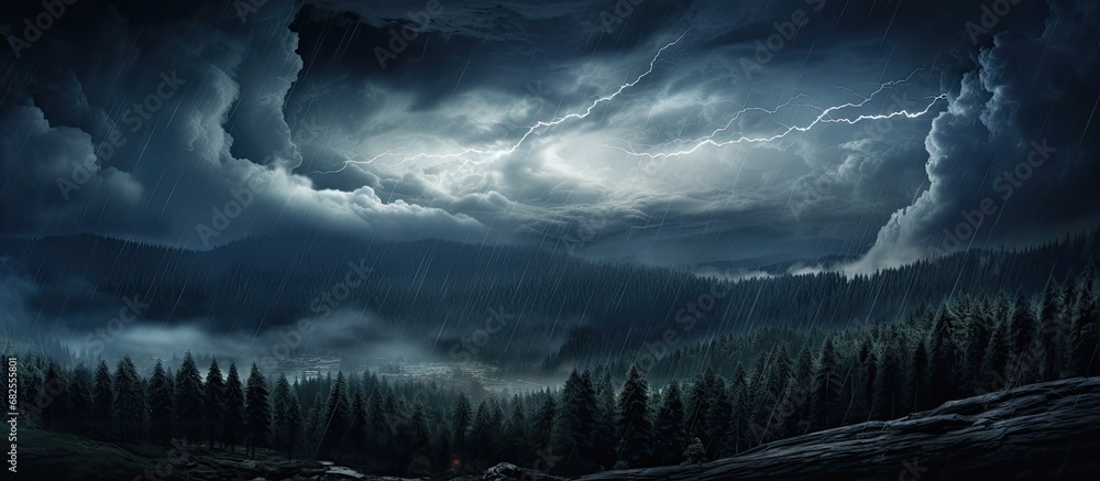 As the storm rolled in, the black clouds consumed the sky, casting an eerie atmosphere over the landscape, while the intense lightning illuminated the dark texture of the night, creating a stunning