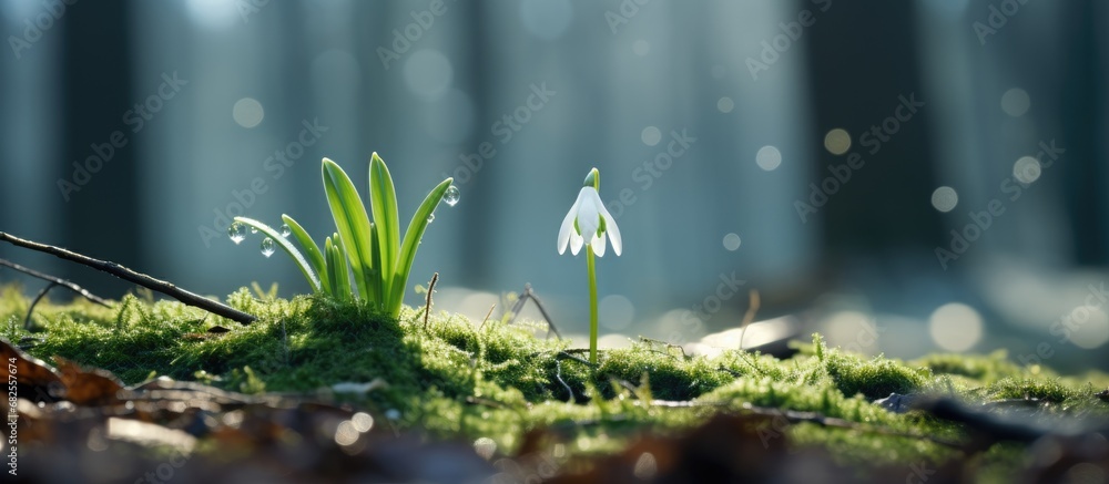 In the midst of a winter forest, a delicate white flower known as the Snowdrop, or Galanthus Nivalis, emerges from the white snow, adding a touch of ethereal beauty to the green and wild nature of the