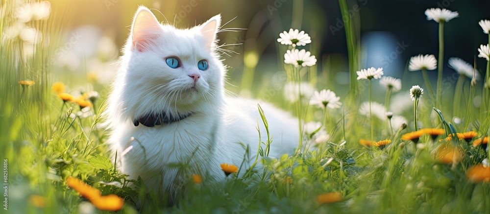 In the picturesque summer garden, a white cat with a cute, funny face enjoys the vibrant green grass and the refreshing blue and orange hues of nature, making it a happy and healthy animal portrait.