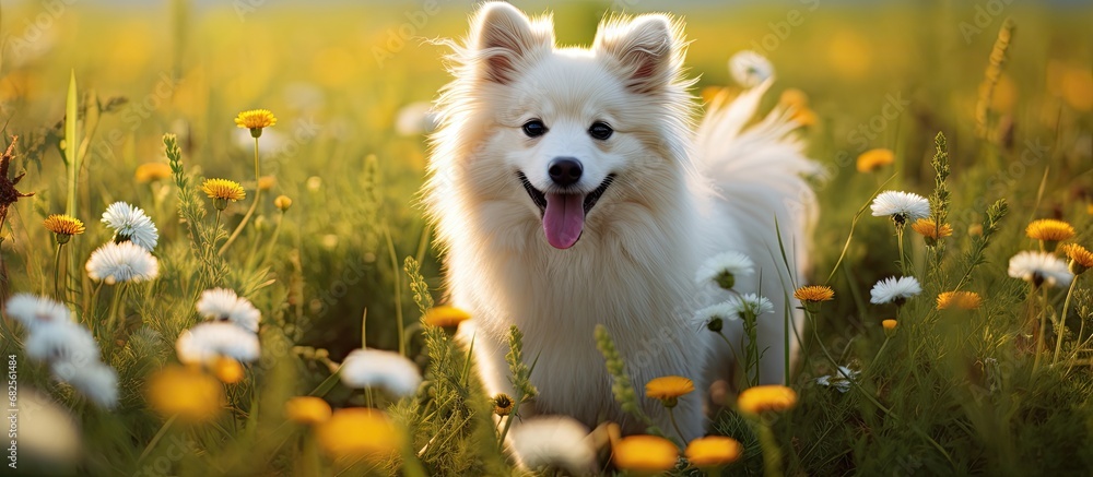 In the picturesque landscape, a cute dog with a joyful face ran through the vibrant green grass, surrounded by blooming flowers, showcasing the beauty of nature in the summer and spring seasons, with