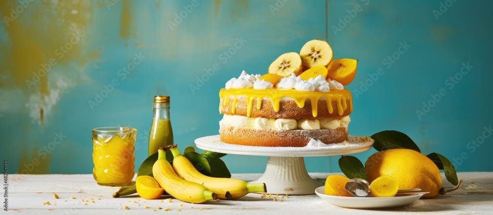 On the beautiful table, a colorful cake stood out with its vibrant yellow color, topped with fresh slices of banana and a creamy sugar-laden texture, representing the gourmet dessert cuisine of France