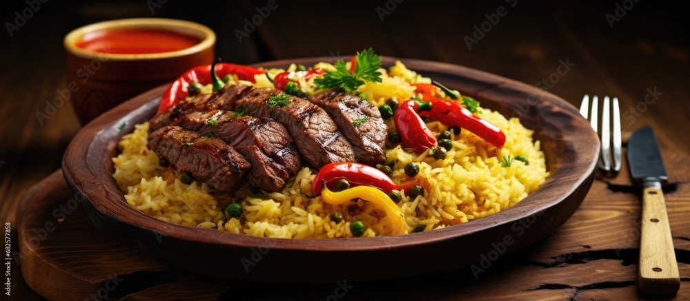 On the wooden table, a delicious red meat dish with baked beef and a side of yellow rice garnished with tomato and pepper was served for dinner, creating a healthy and appetizing meal.