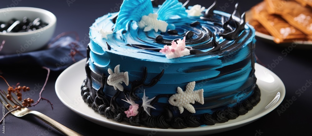 In a bakery, a skilled pastry chef carefully handcrafts a decadent cake, designed with intricate white and blue buttercream patterns that resemble a fish swimming in a chocolate-infused ocean, all