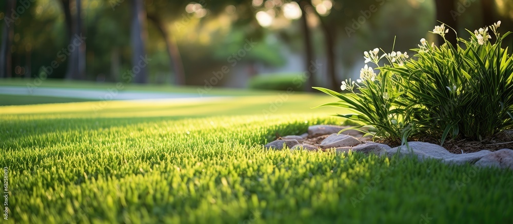 The stunningly beautiful garden had lush green grass, vibrant in color, blending harmoniously with the natural surroundings, providing a picturesque outdoor scene. The macro closeup of the grass