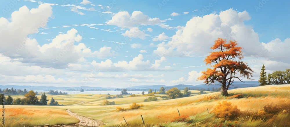 As the autumn breeze gently caressed the landscape, the clear sky with scattered clouds cast dancing shadows on the golden grass and vibrant green trees, creating a picturesque outdoor scene along the