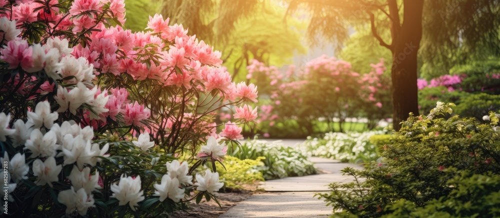 In the lush garden, amidst the vibrant green foliage, a colorful array of pink and white flowers bloomed, their delicate petals adding an enchanting beauty to the springtime scenery.