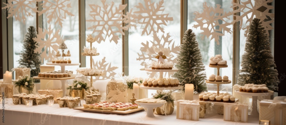 In the midst of winter, a vintage Christmas party was adorned with creative decorations, showcasing gold paper stars and a beautifully designed tree, all set against a backdrop of peaceful white snow