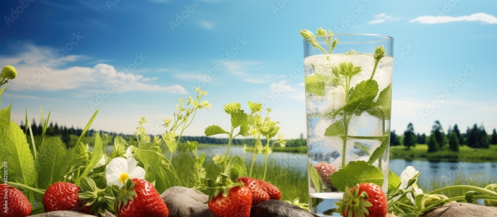 In the summertime, as the blue sky stretches over lush green landscapes, one can enjoy a refreshing glass of natural strawberry-infused water, brimming with healthy vitamins and the natural goodness