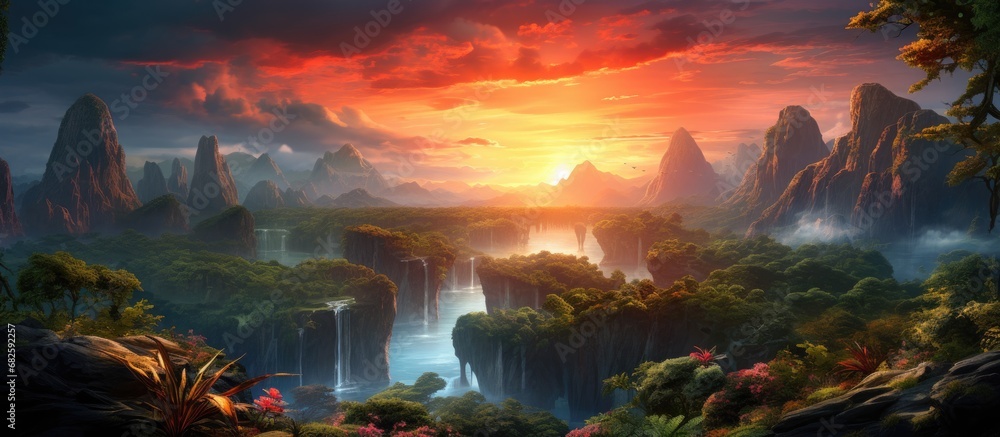 On a summer travel adventure, they were mesmerized by the breathtaking landscape of the tropical forest, as the blue and orange sky painted a colorful fantasy, highlighted by the vibrant red sunset