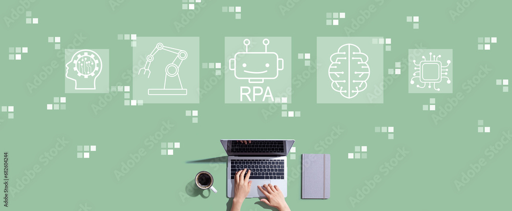 Robotic Process Automation RPA theme with person working with a laptop