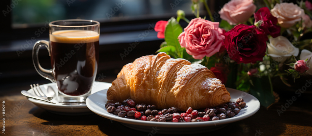 Irresistible breakfast with chocolate croissants, coffee and fresh flowers. Realistic details and immersive atmosphere captured in a bar table image.