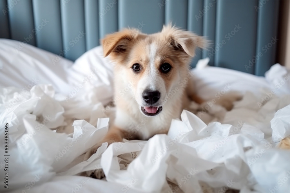 Cute dog lying guilty on bed in mess among torn paper and bed linen