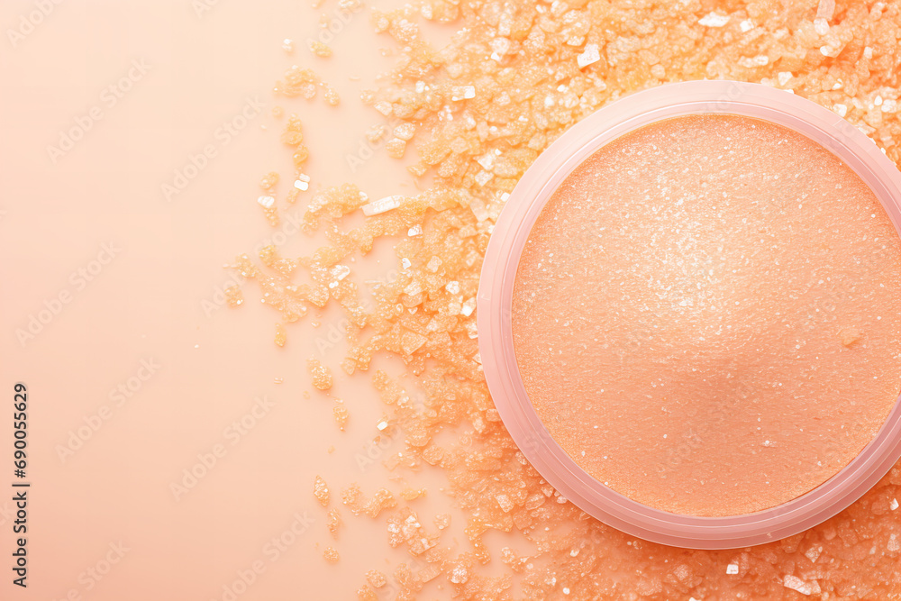 beautiful shiny face blush in color of the year 2024 peach fuzz color flat lay on a pastel peach bac